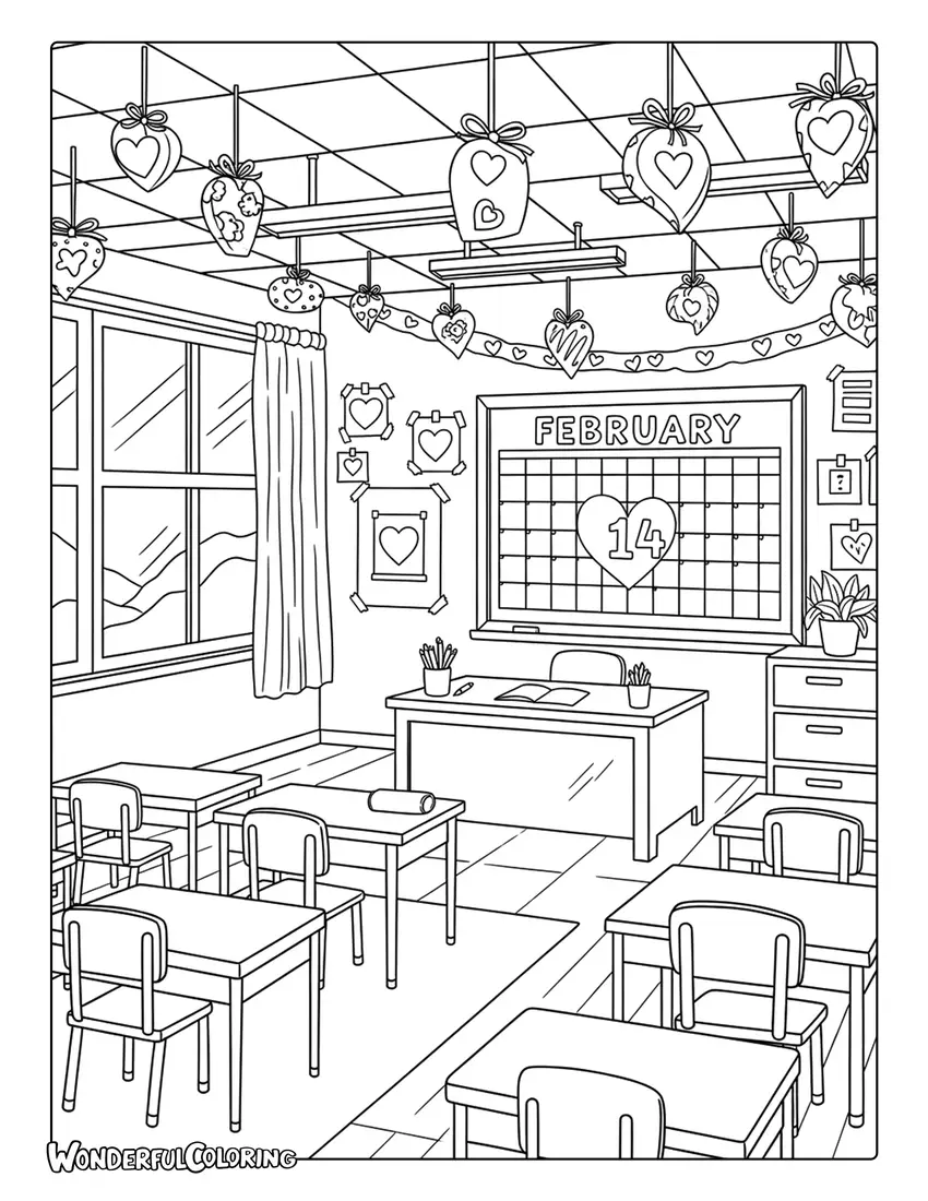 February classroom Valentine decorations coloring page