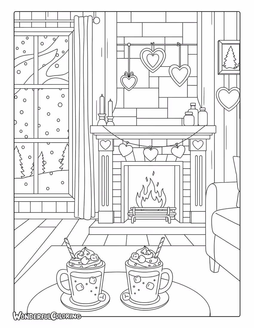 Cozy February indoor fireplace scene coloring page