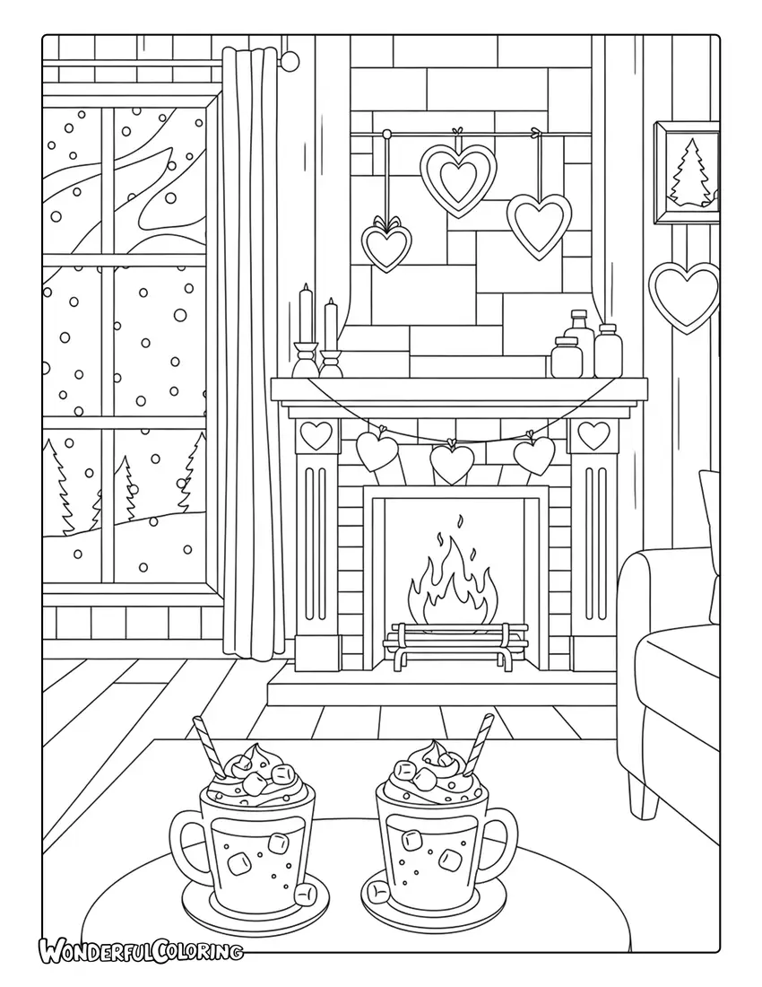 Cozy February indoor fireplace scene coloring page