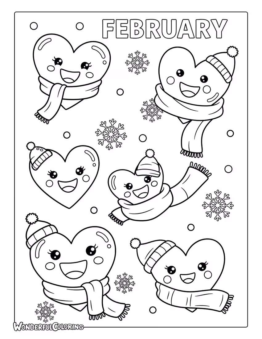 Cute February with smiling hearts and snowflakes coloring page