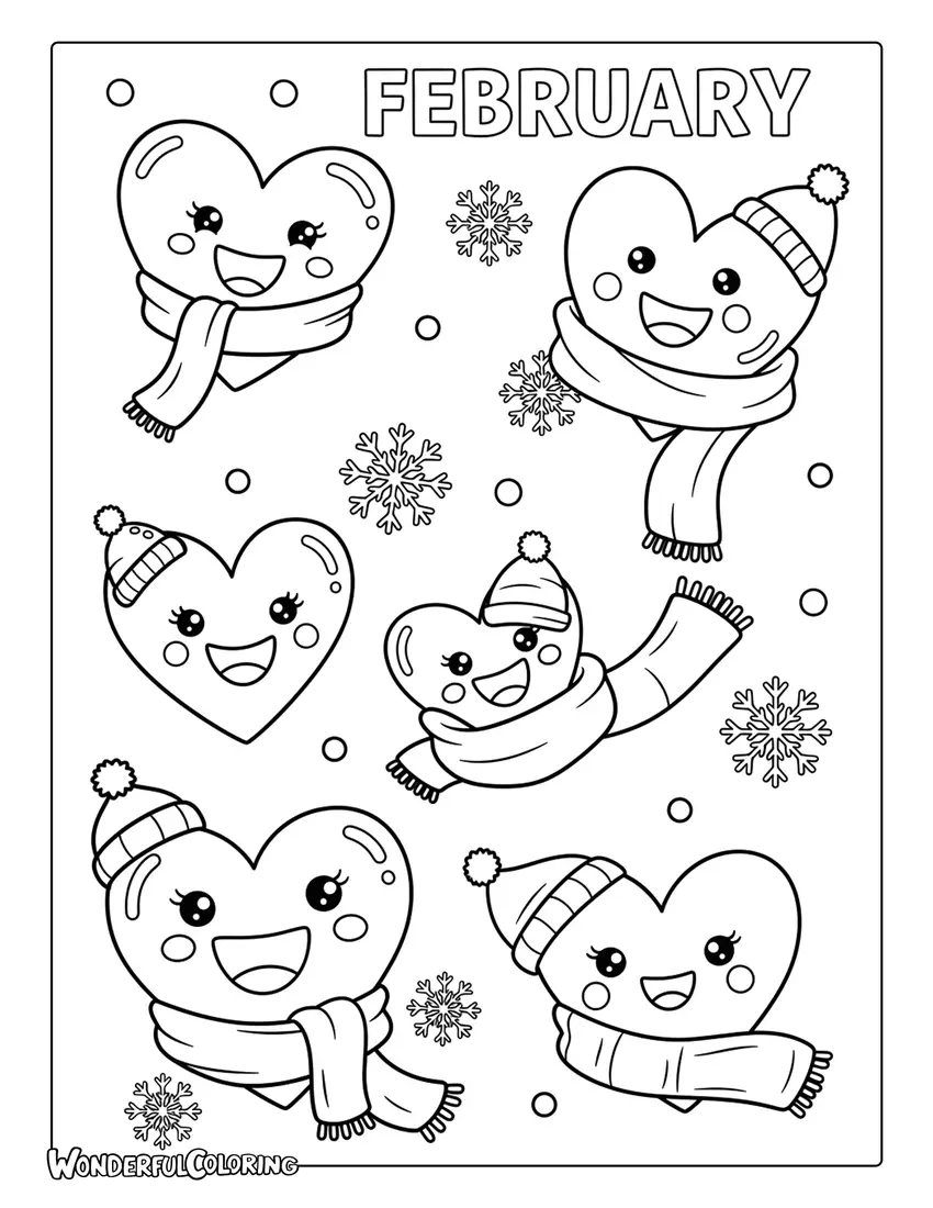 Cute February with smiling hearts and snowflakes coloring page