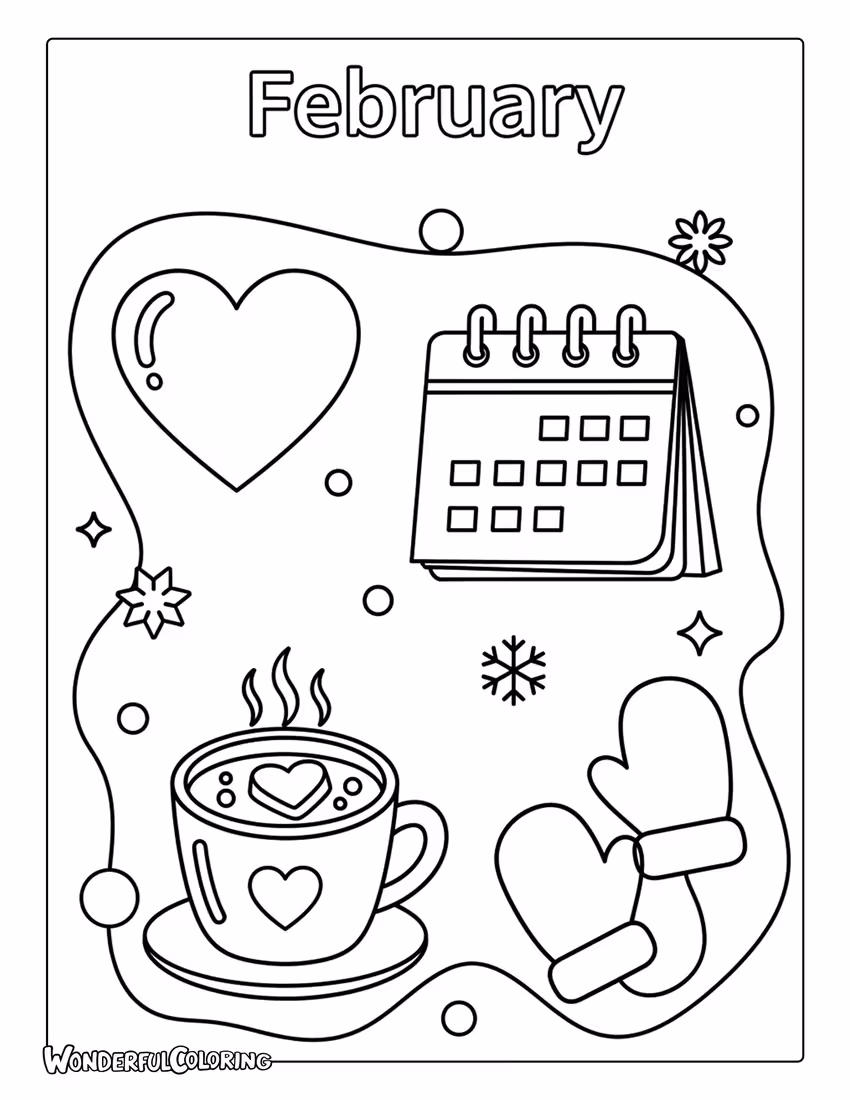 February Flat Icons Seasonal Coloring Page