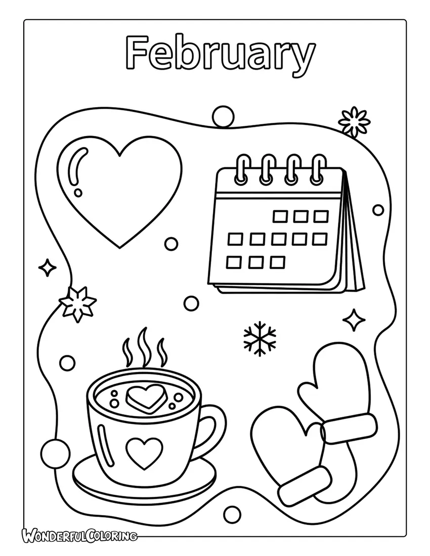 February Flat Icons Seasonal Coloring Page