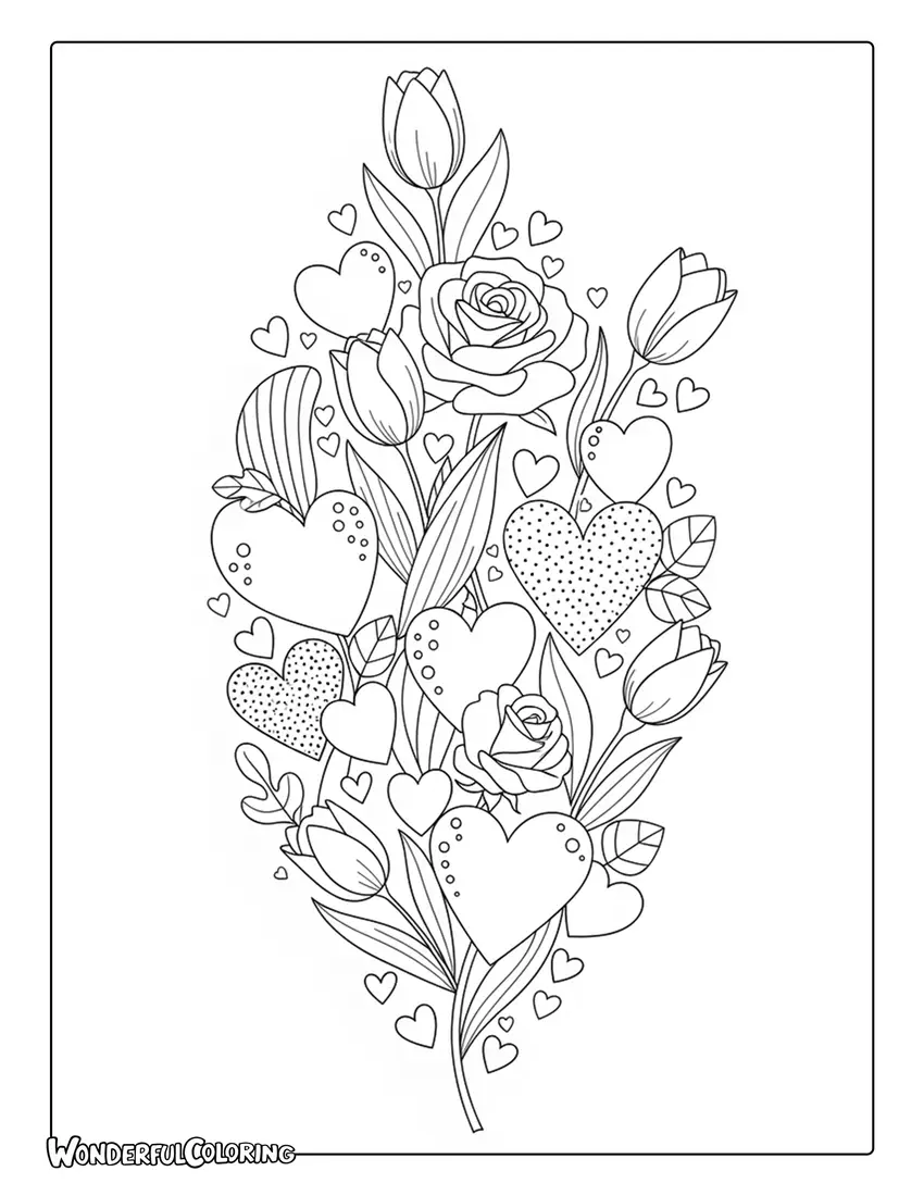 February floral hearts early spring coloring page