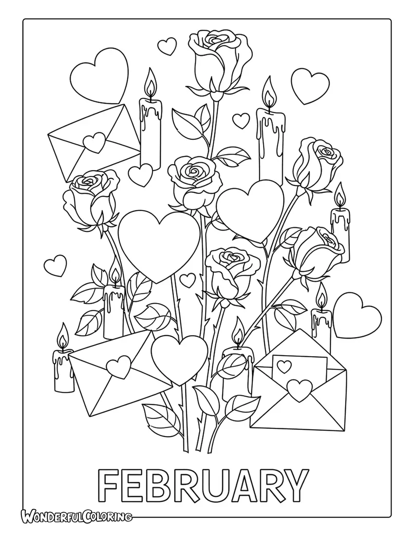 February Hearts Roses Scene Coloring Page