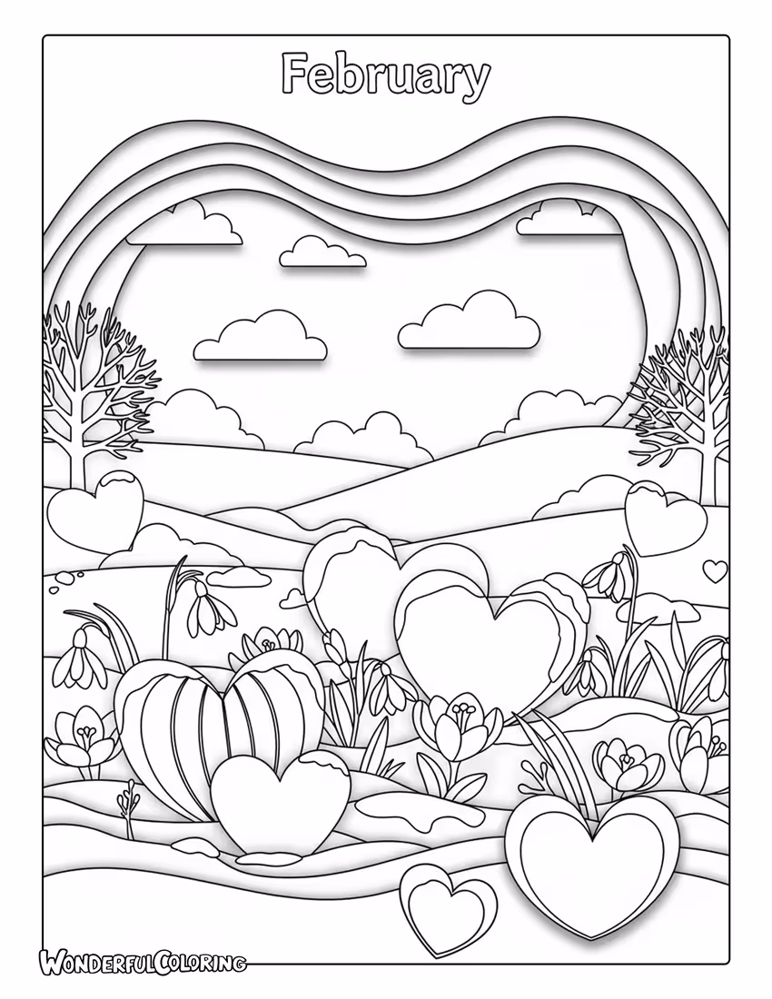 February paper cut layered scene coloring page