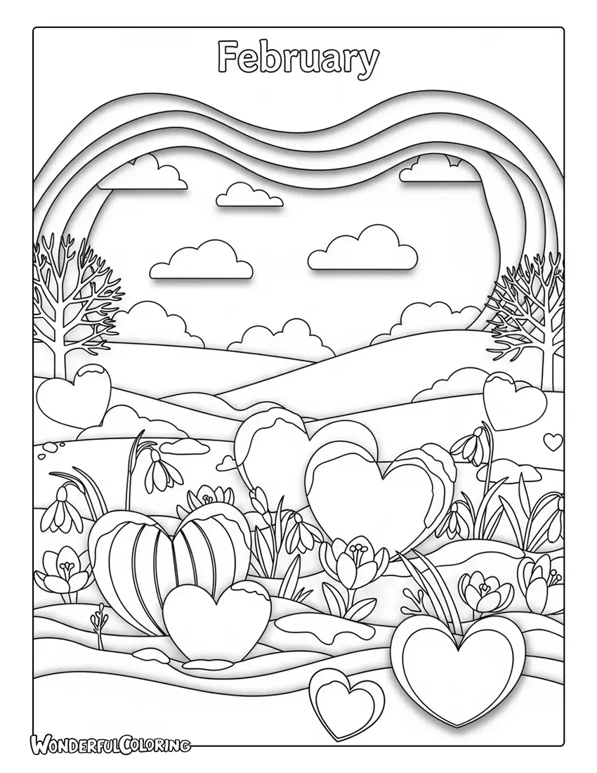 February paper cut layered scene coloring page
