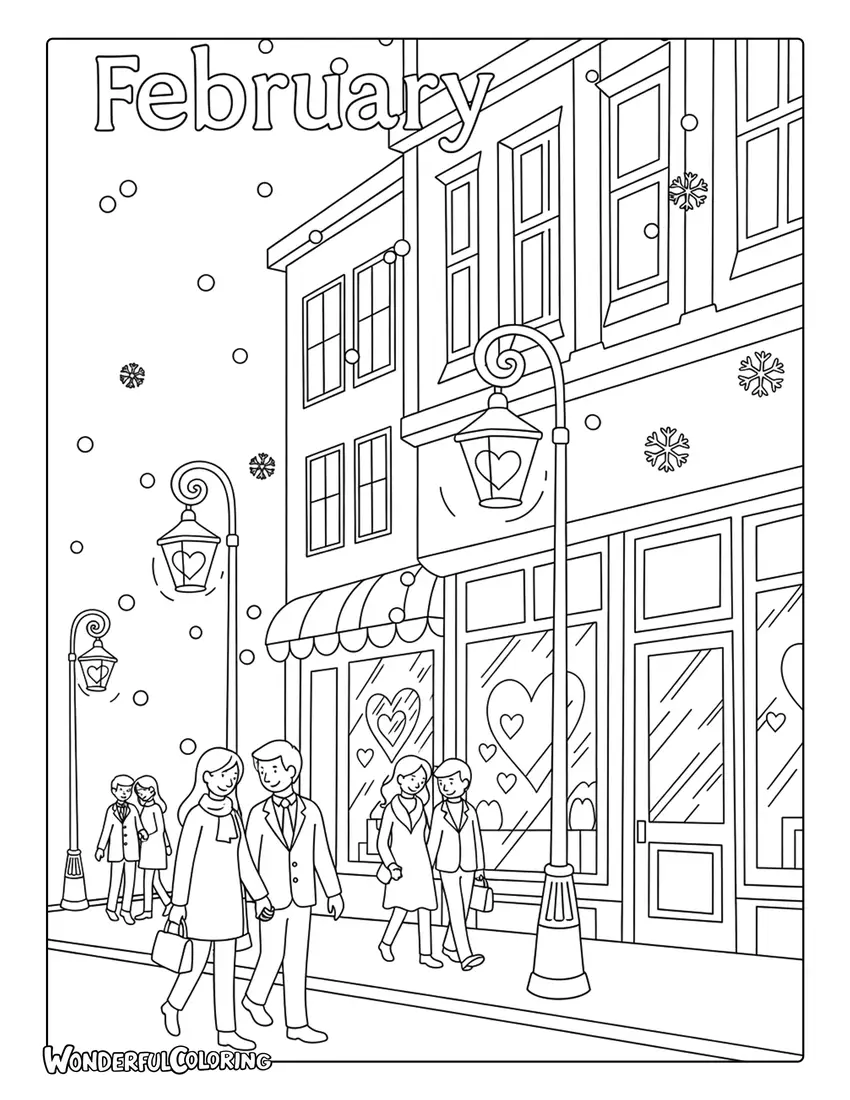February romantic city street snow coloring page