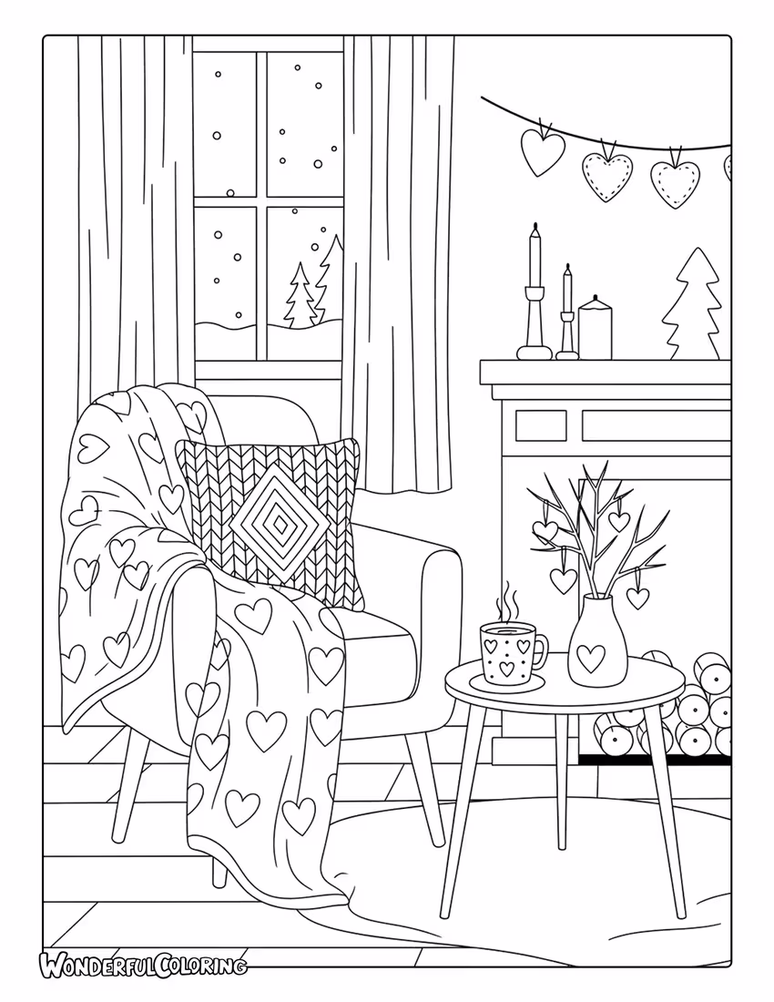 Scandinavian February cozy winter coloring page