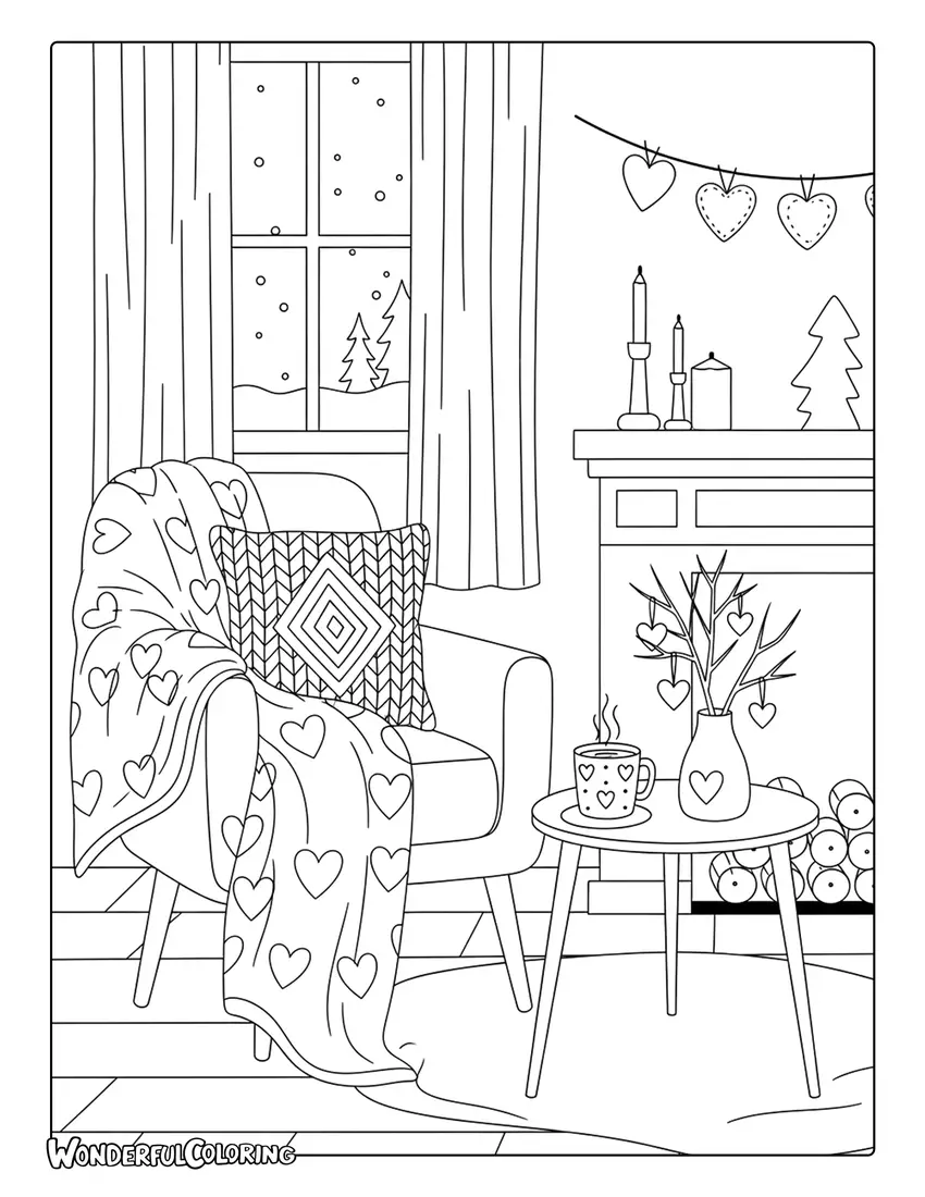 Scandinavian February cozy winter coloring page