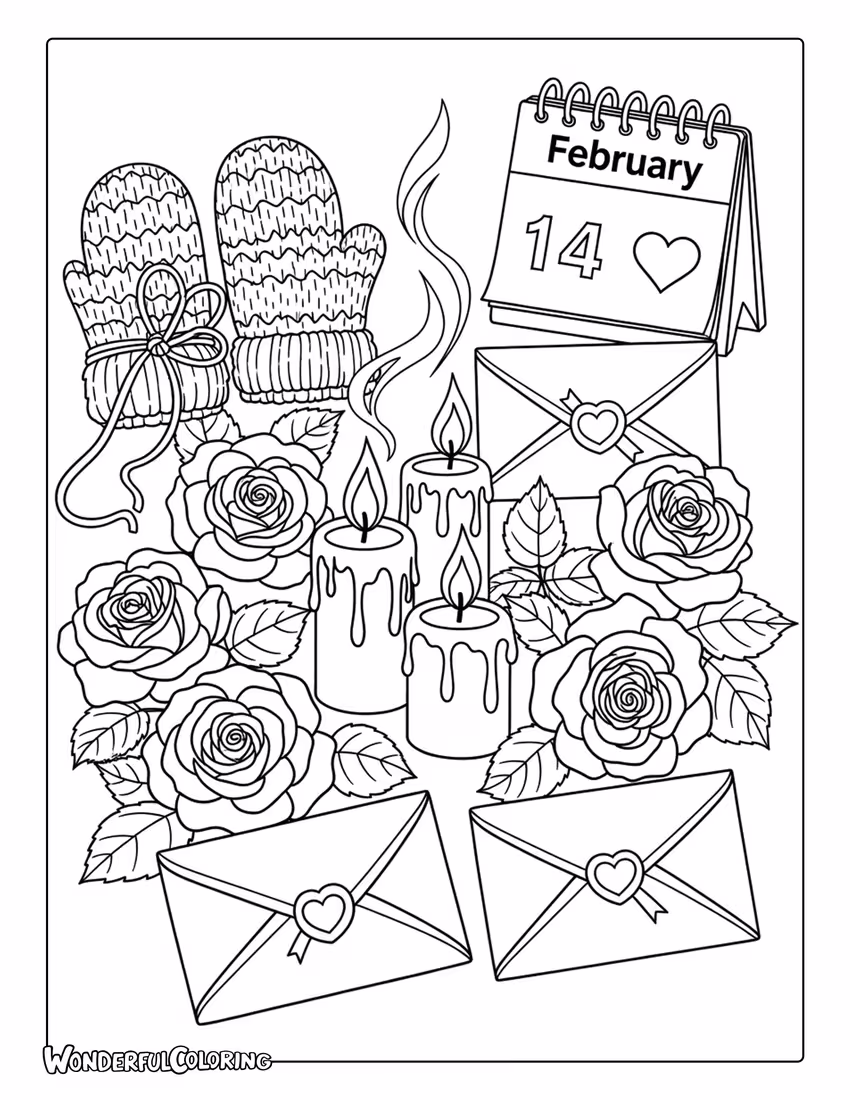 February seasonal still life Valentine coloring page