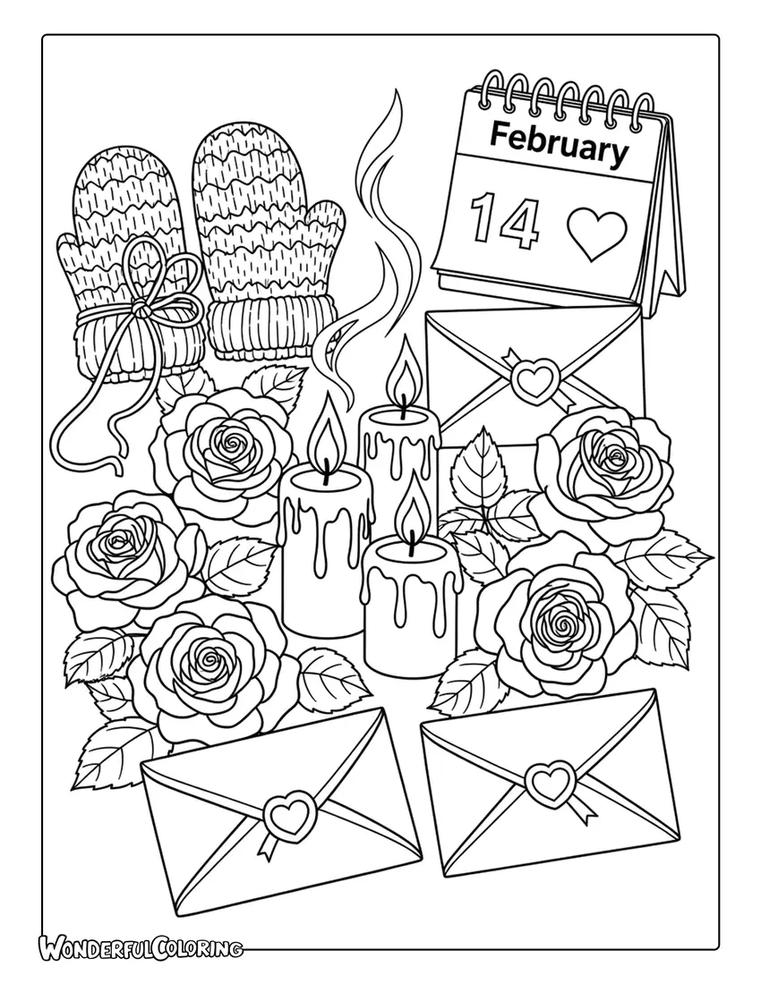February seasonal still life Valentine coloring page
