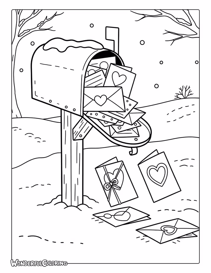 February Valentine mailbox cards coloring page