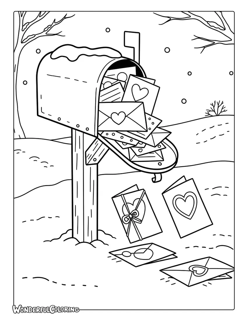 February Valentine mailbox cards coloring page