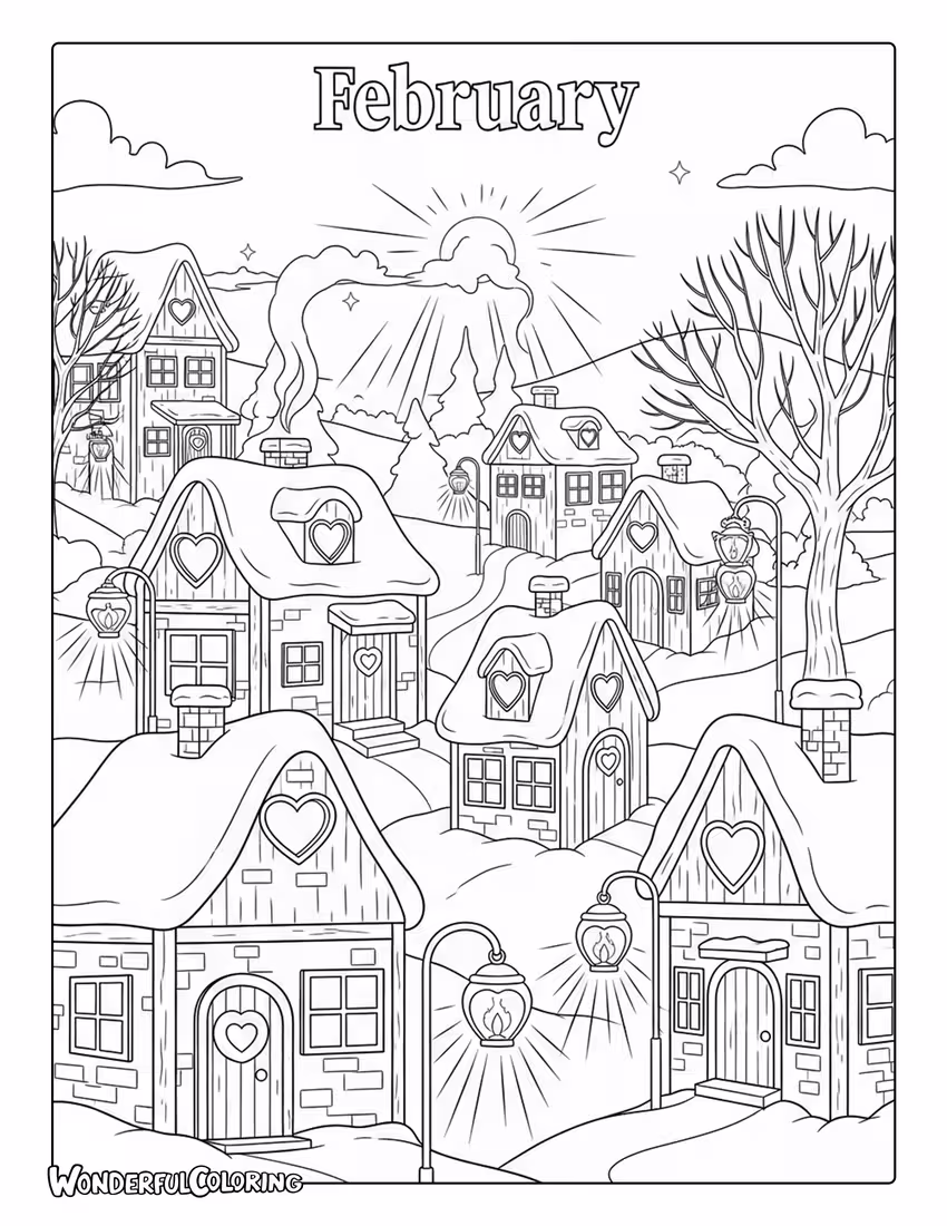Whimsical February storybook village coloring page