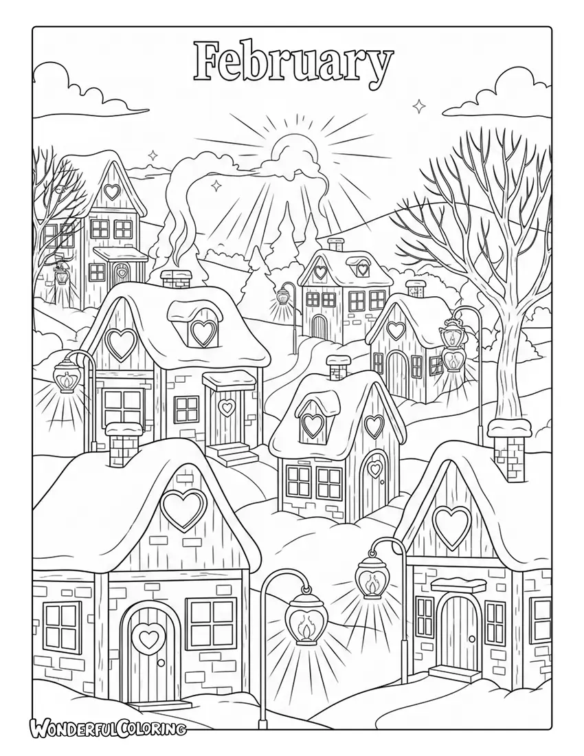 Whimsical February storybook village coloring page
