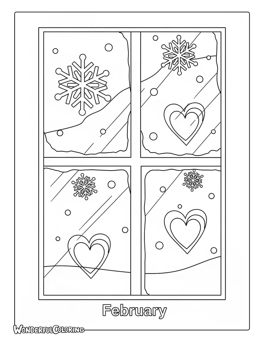 February window view snow hearts coloring page