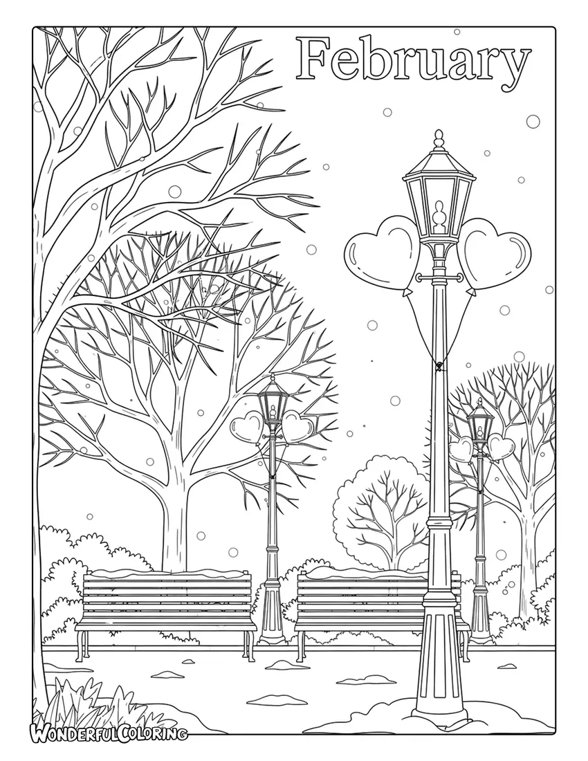 February winter park heart balloons coloring page