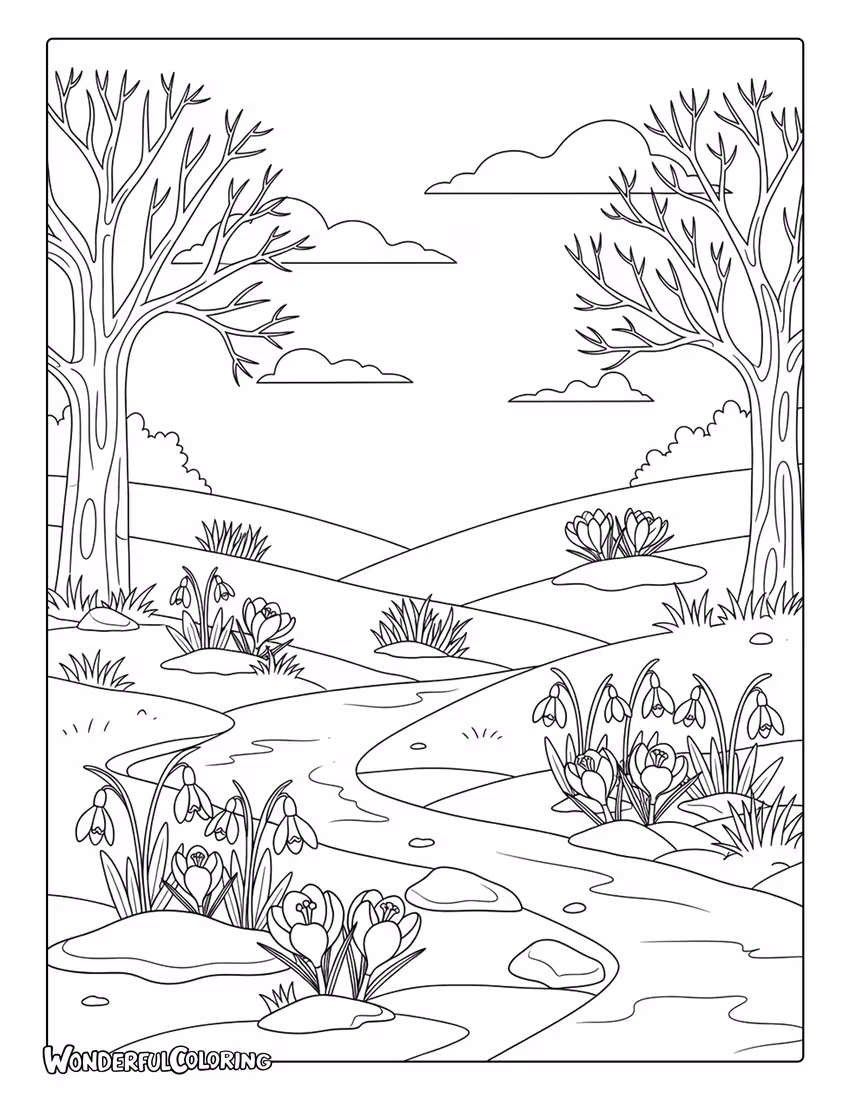 February winter to spring transition landscape coloring page
