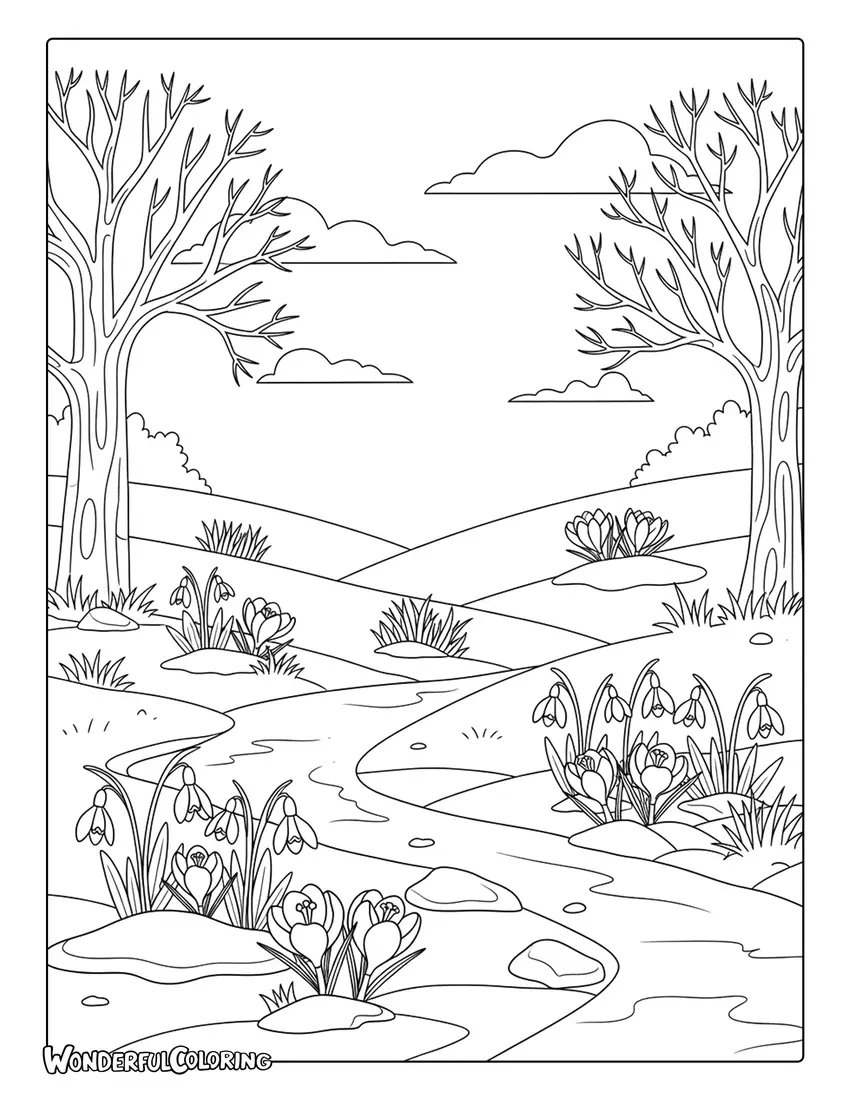 February winter to spring transition landscape coloring page