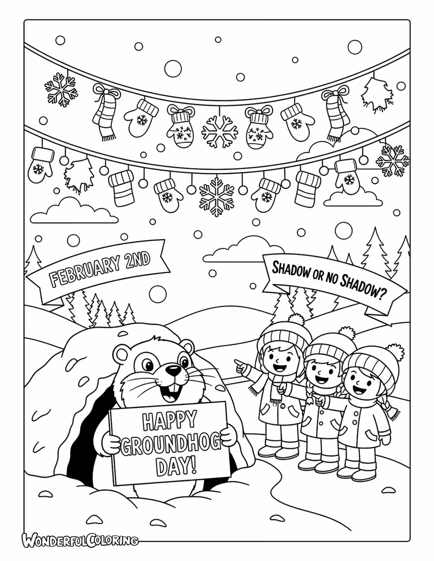 Festive Groundhog Day winter scene coloring page