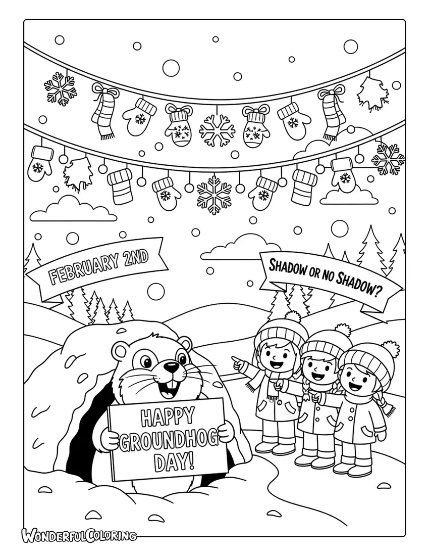 Festive Groundhog Day winter scene coloring page
