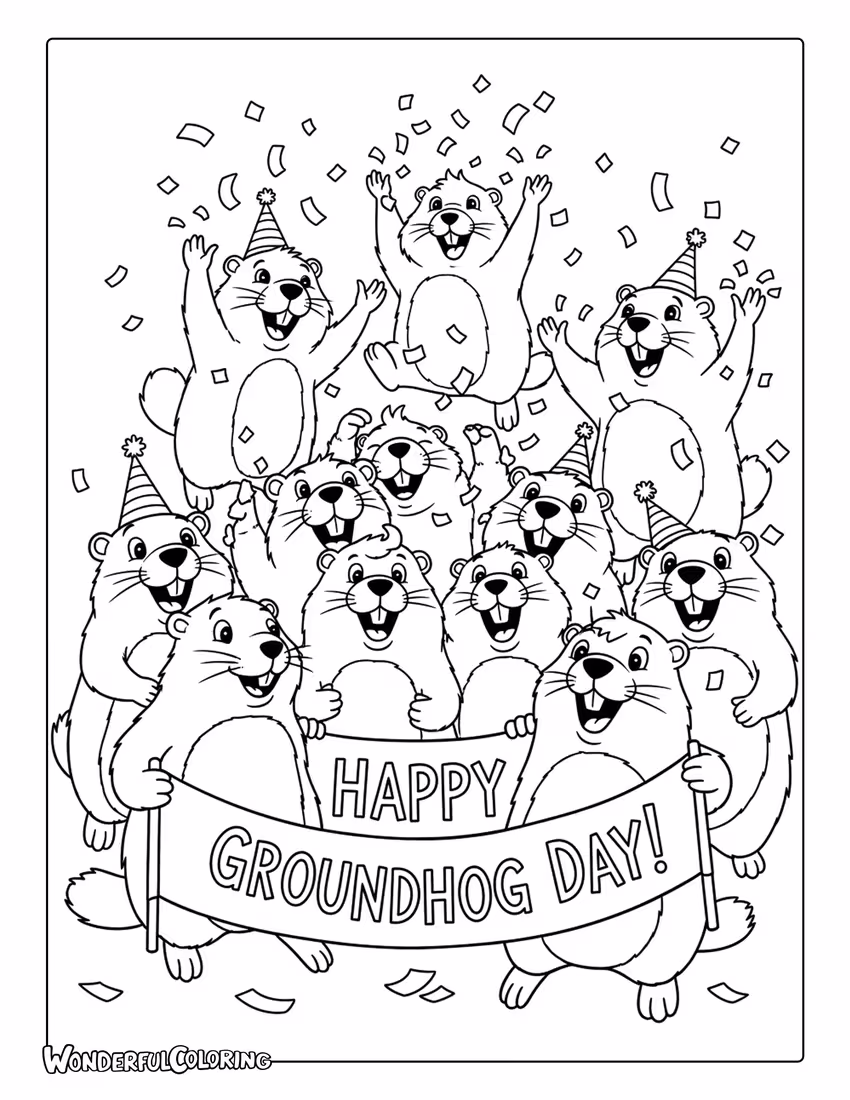 Groundhog Day celebration cartoon coloring page