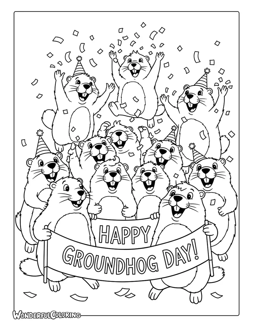 Groundhog Day celebration cartoon coloring page