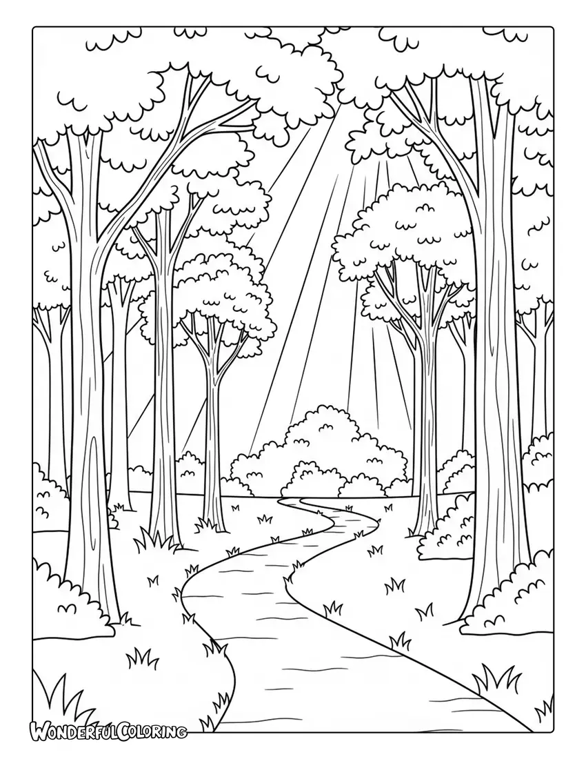 forest pathway sunlight trees scenic nature coloring page