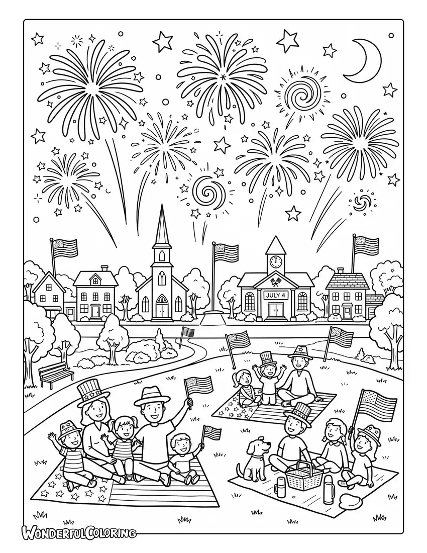 Fourth of July fireworks coloring page over small town