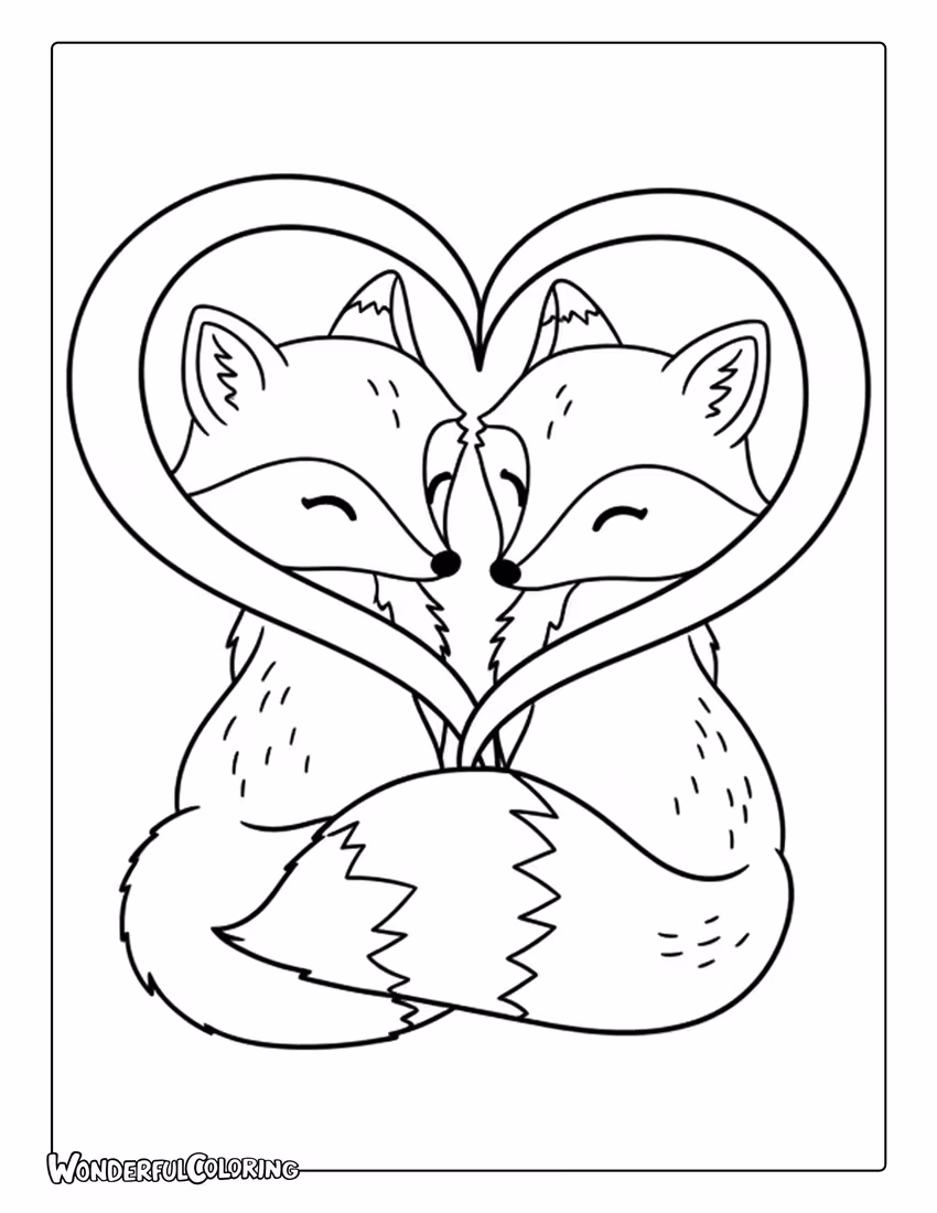 Fox couple with tails Valentine coloring page
