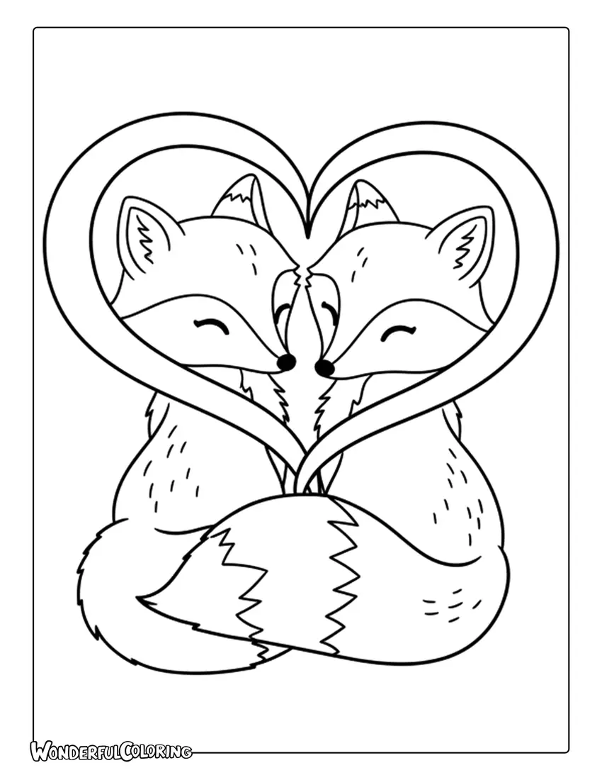 Fox couple with tails Valentine coloring page