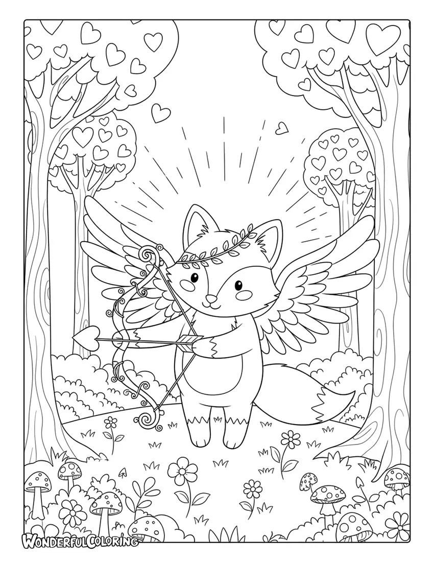 Fox Cupid in magical forest coloring page