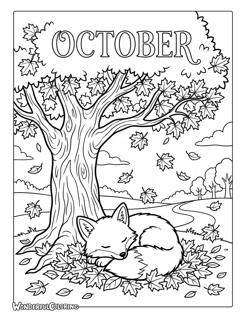 Fox autumn coloring page with maple tree, falling leaves, and woodland scene