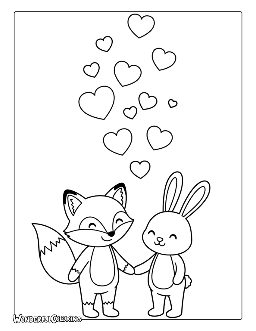 Sweet fox and bunny holding hands under floating hearts Valentine coloring page