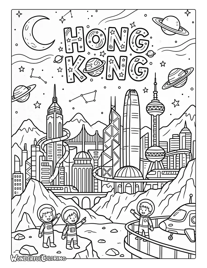 Futuristic Hong Kong city in space coloring page