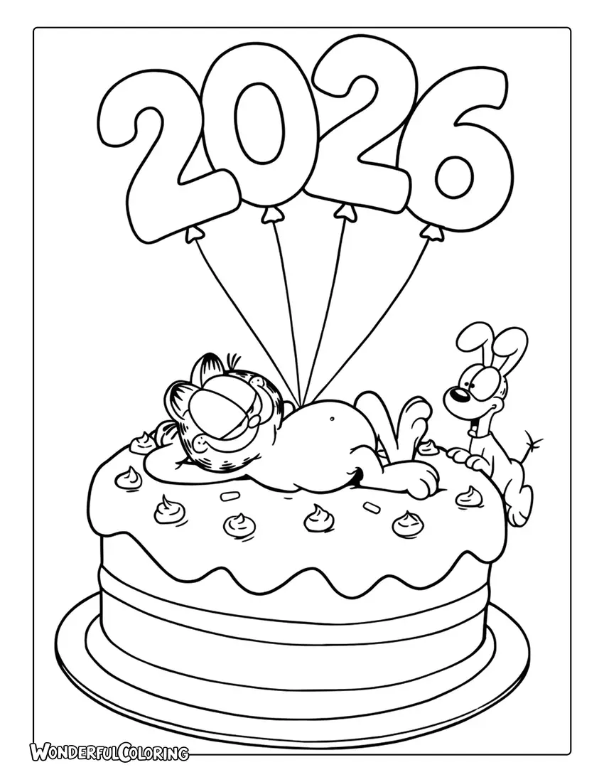 Garfield 2026 Celebration Coloring Page with Odie and a giant cake.