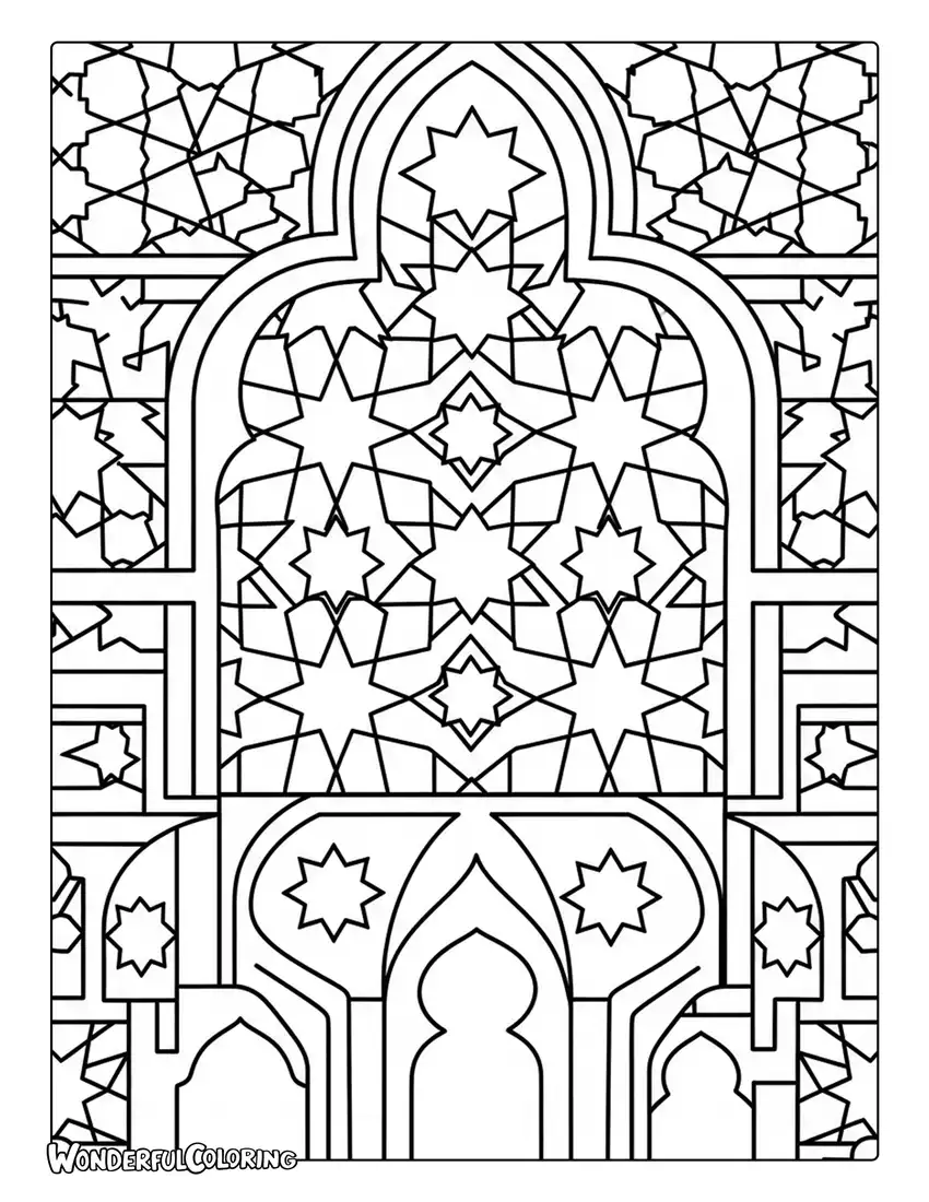 Geometric Cairo coloring page with Islamic patterns and architectural designs