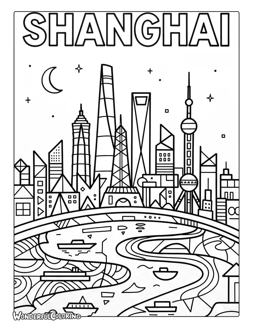 Geometric Shanghai skyline with abstract buildings, river waves, and city lights coloring page