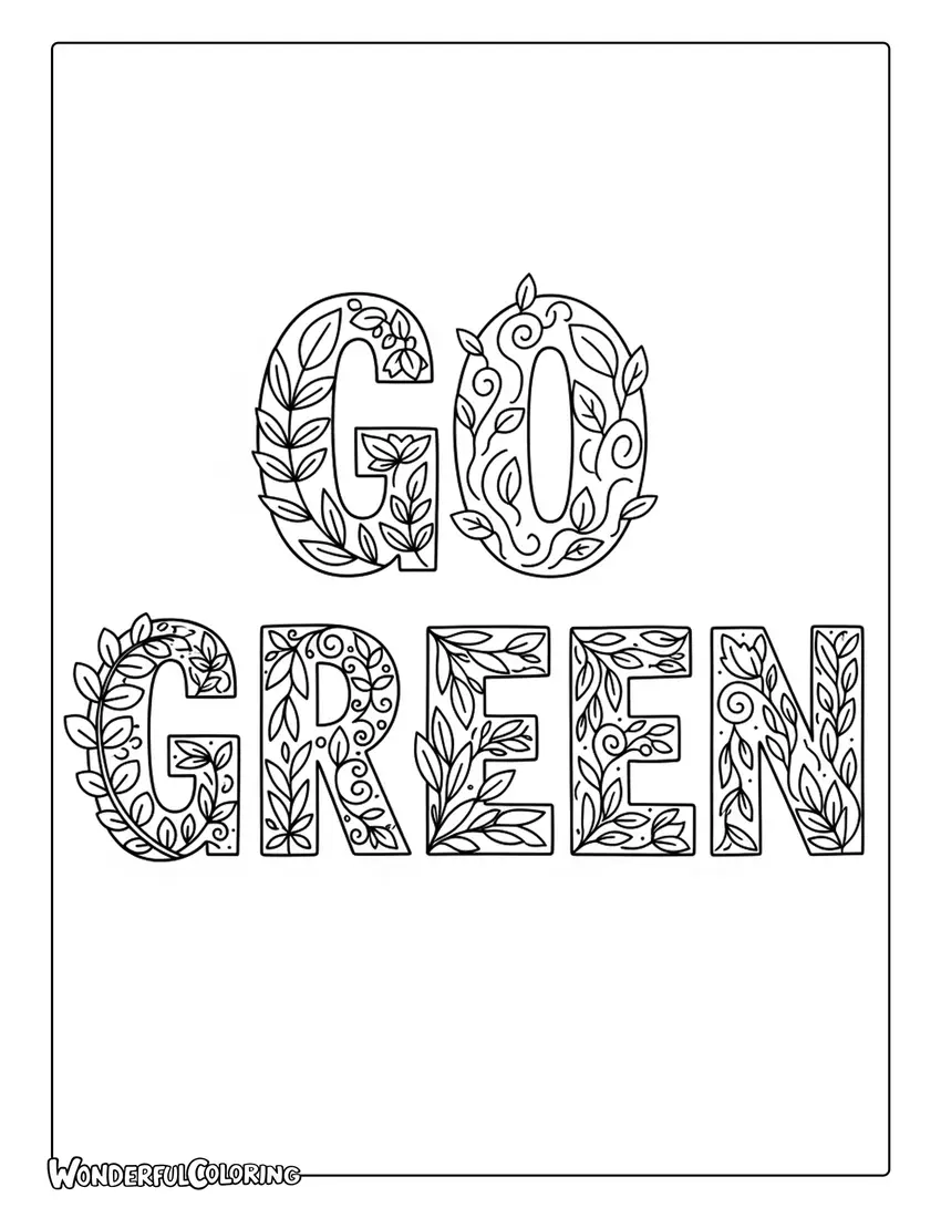 go green leafy typography vines earth day coloring page
