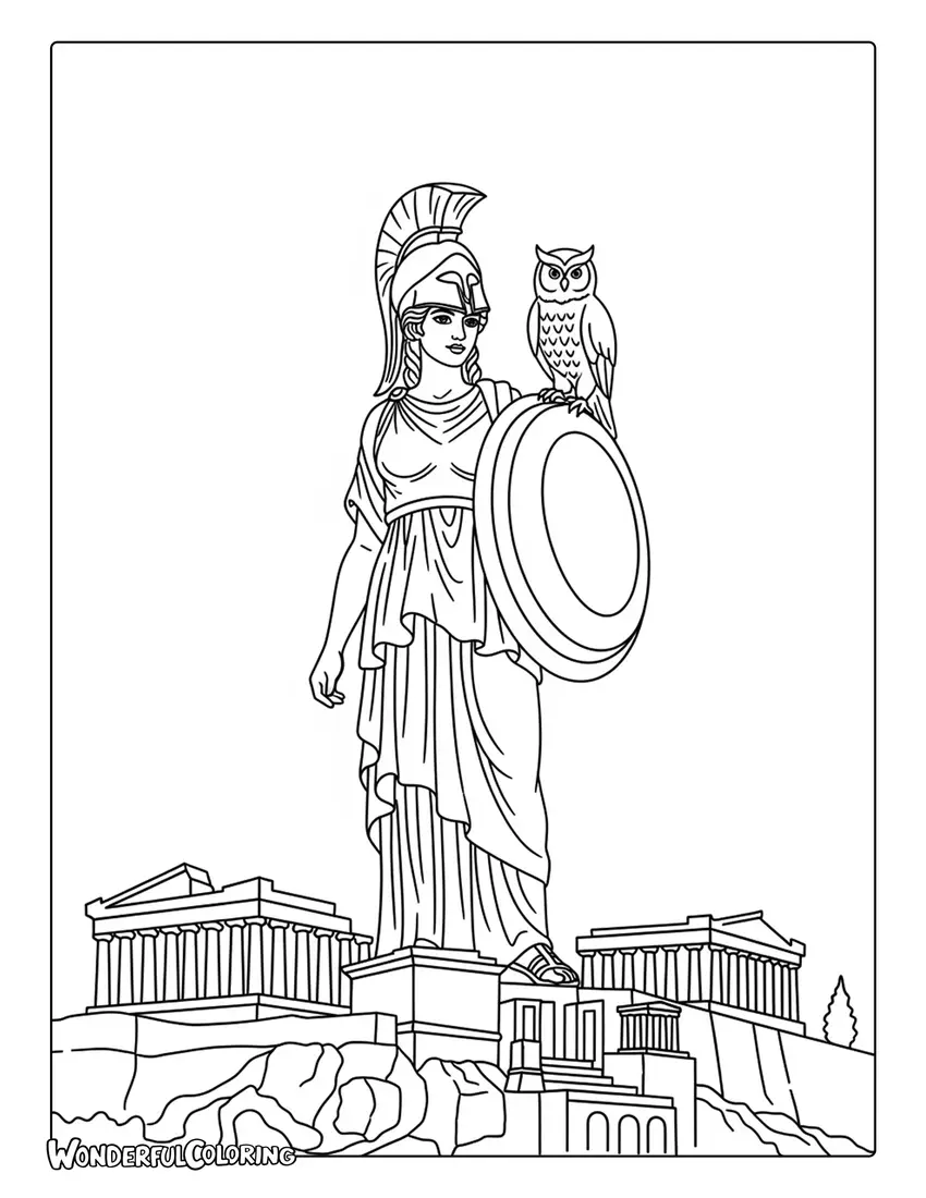 Goddess Athena Acropolis mythology Athens coloring page with armor shield and owl