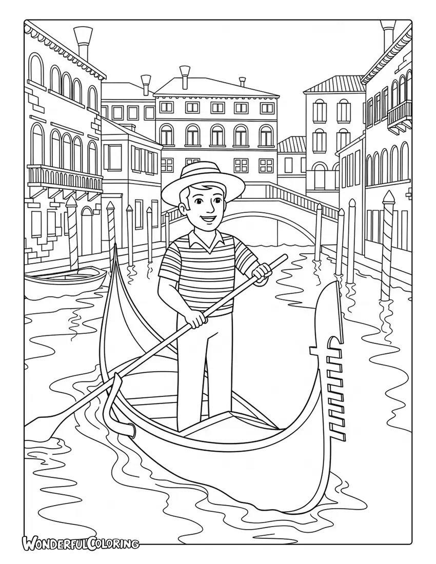 Gondolier rowing gondola Venice canal coloring page with striped shirt and calm water