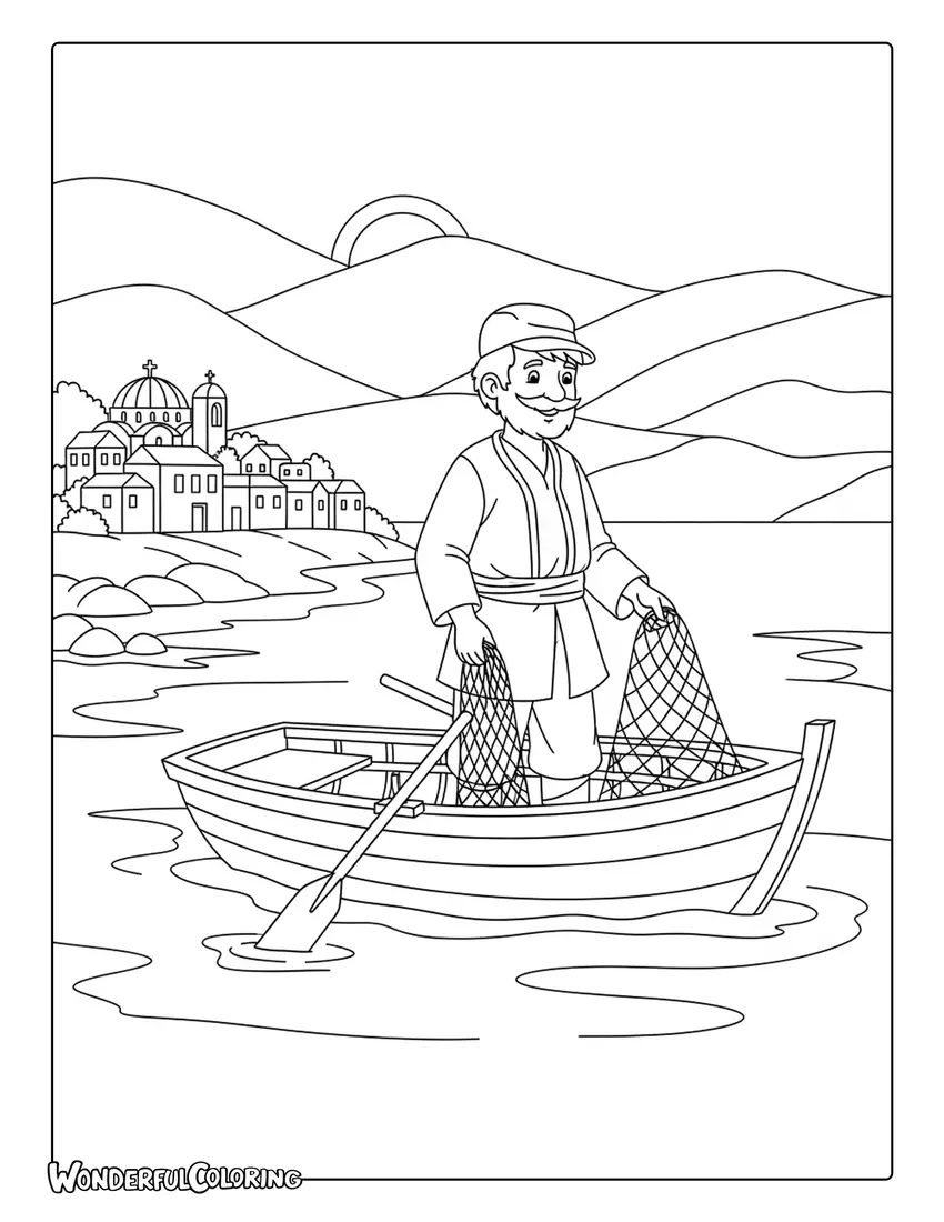 Greek fisherman Aegean coast Athens coloring page with boat and seaside village