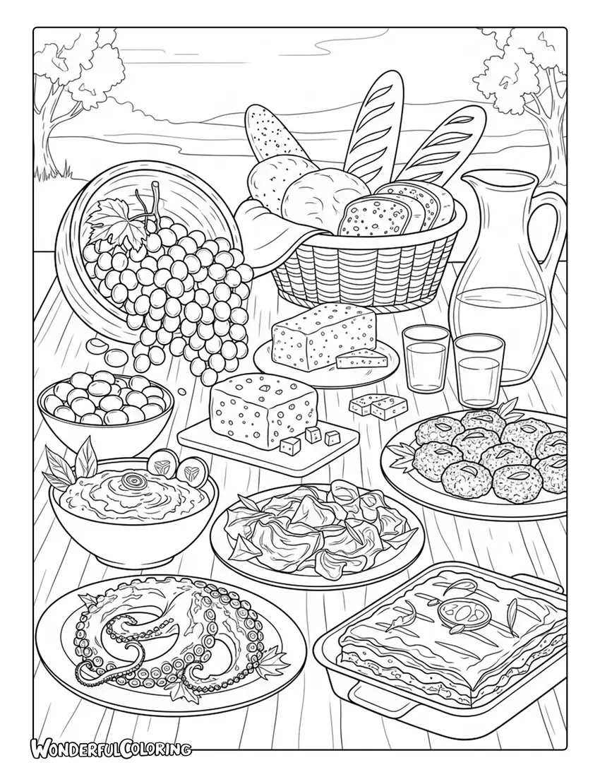 Greek food feast table olives feta bread Athens coloring page with Mediterranean dishes