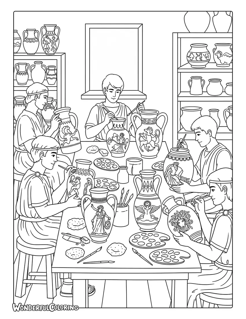 Greek pottery workshop vase painting Athens coloring page with artisan crafting ceramics