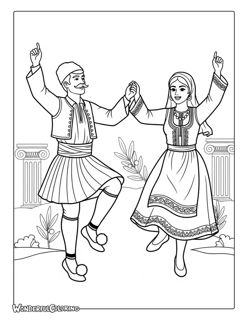 Greek syrtaki dancers traditional Athens coloring page with folk costumes and celebration