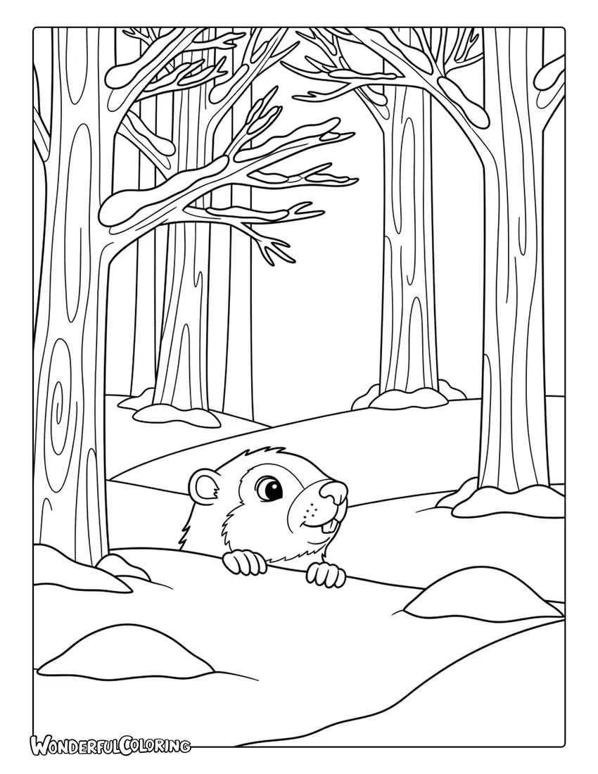 Groundhog burrow snowy forest coloring page