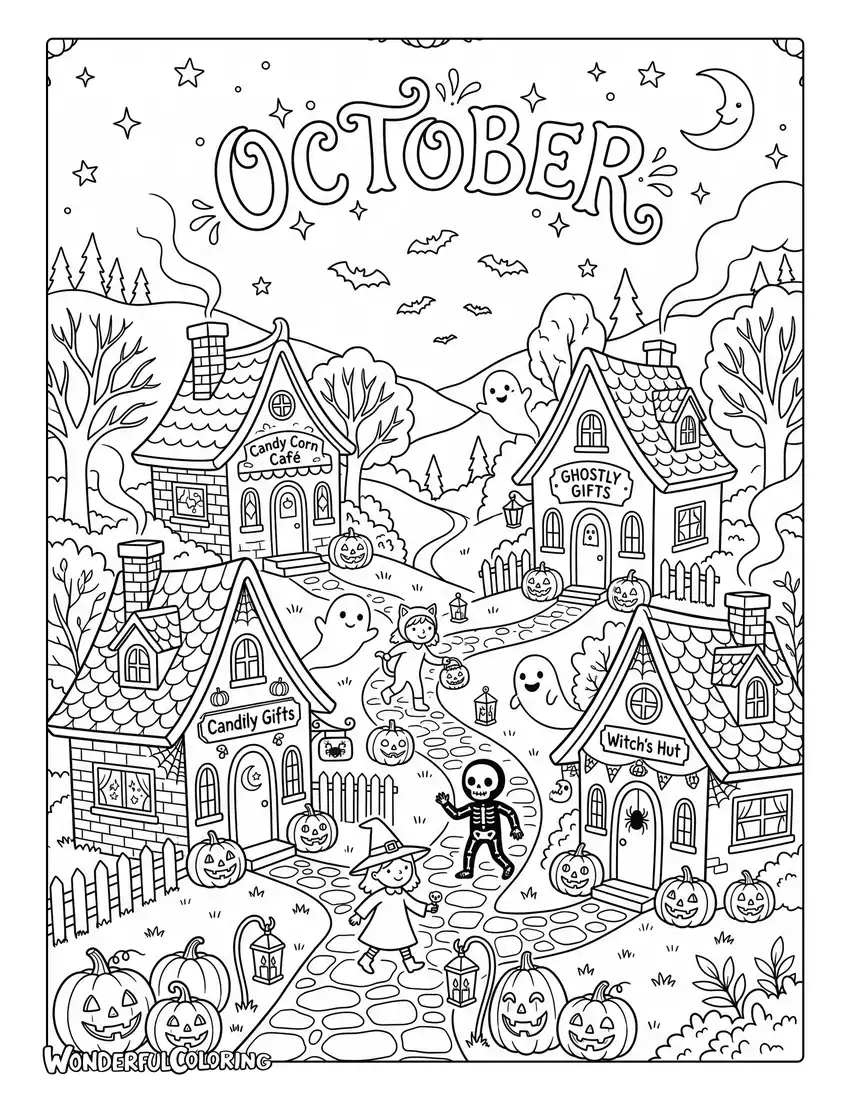 Halloween village coloring page with jack-o'-lanterns, ghosts, bats, and spooky cottages