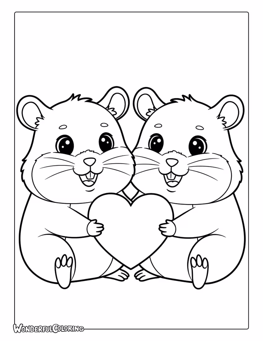 Hamster couple holding heart Valentine coloring page