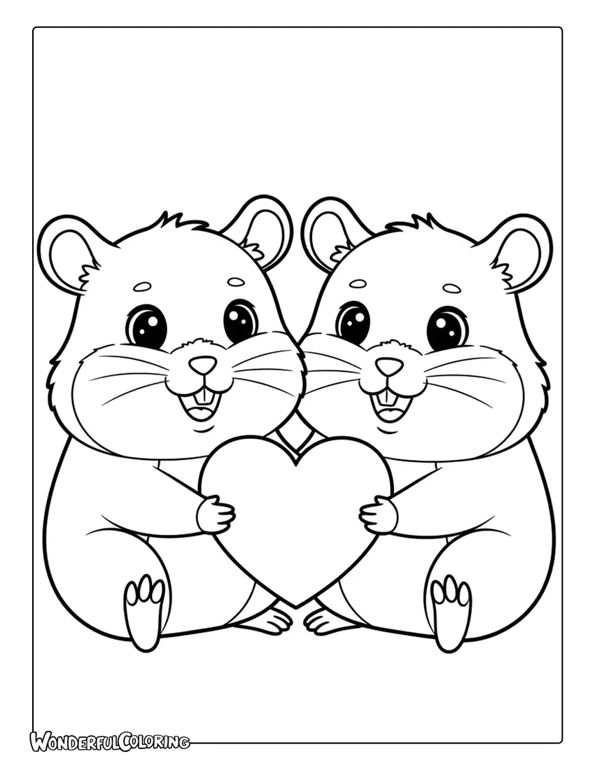 Hamster couple holding heart Valentine coloring page